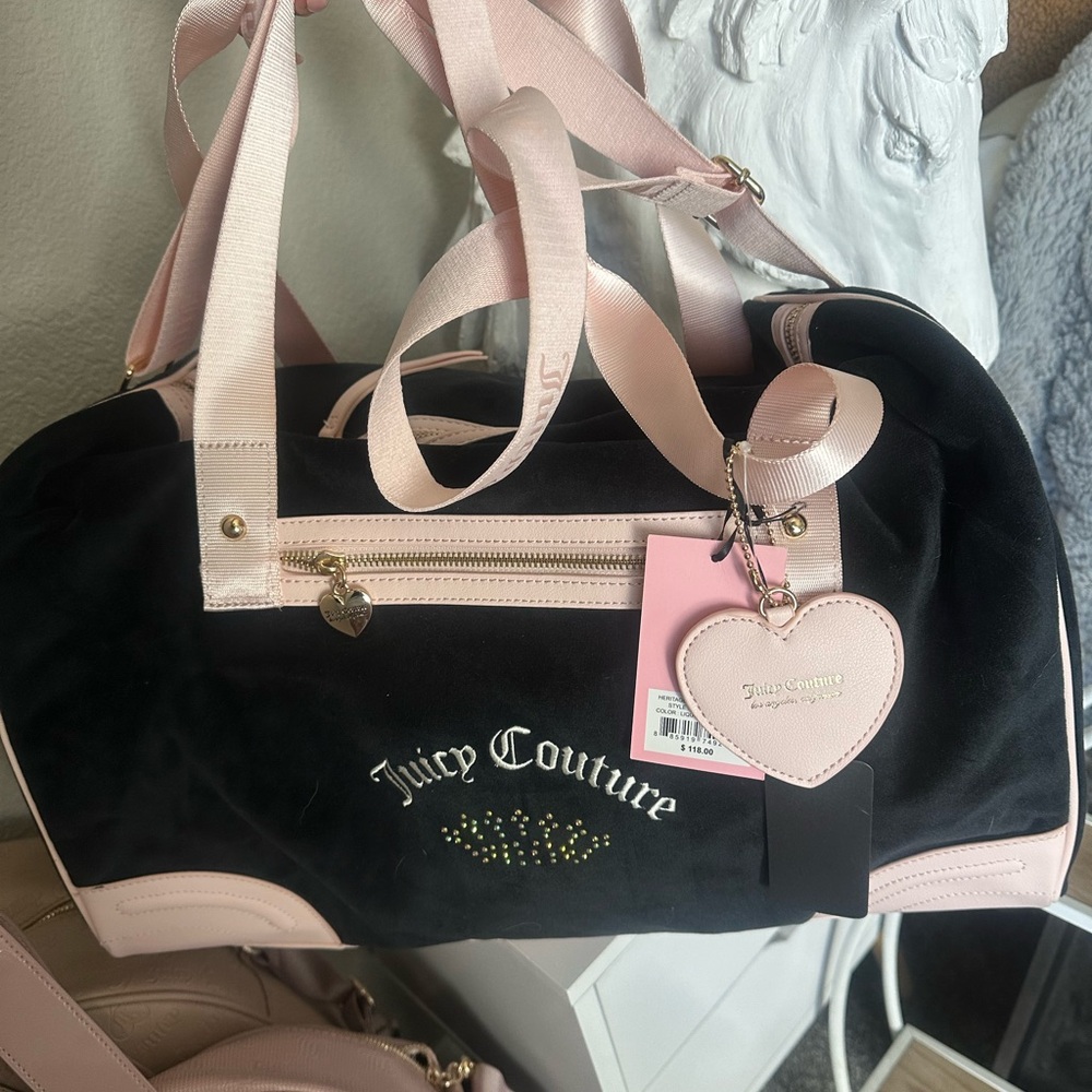 Juicy Couture Black and Pink Travel Bag with Heart Charm
